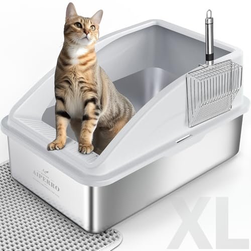 Stainless Steel Litter Box | XL Enclosed Cat Litter Boxs with Lid for Big Cats | High Sided, Anti-Urine Leakage | Non-Stick Bottom & Includes Litter Mat & Metal Scoop