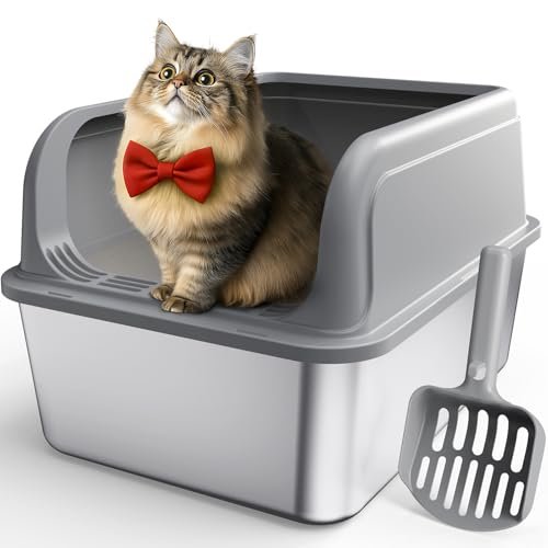 Powools Stainless Steel Cat Litter Box, Metal Kitty Litter Box with Scoop, Anti-Leakage Top Entry, Non-Sticky, Easy to Clean, Grey, S (1 Pack)