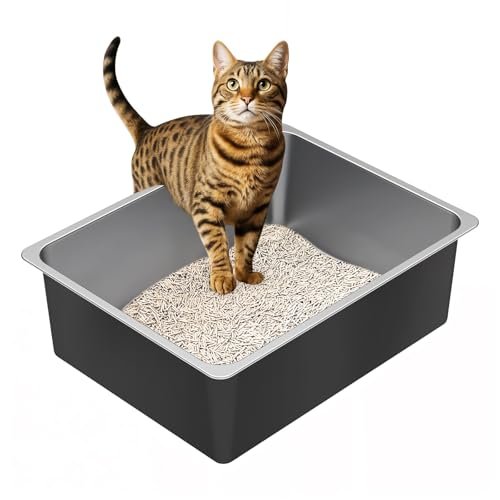 Ohtomber Stainless Steel Litter Box - High Sided Metal Cat Litter Box Pan, Never Absorbs Smell, Easy to Clean Non Stick Cat Litterbox Tray Toilet Pet Supplies for Indoor Kitty, Kitten, Rabbit, Puppy