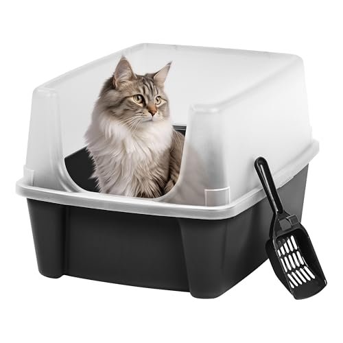 IRIS USA Large Cat Litter Box with Scatter Shield and Scoop, Open Top High Sided Cat Litter Pan, Black