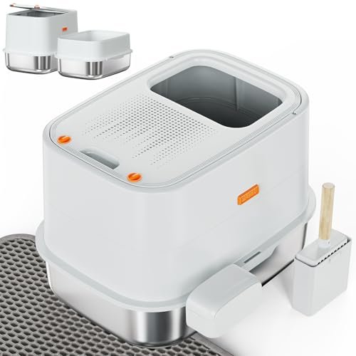 XL Stainless Steel Cat Litter Box Top Entry Extra Large Metal Litter Box with High Side for Big Cats, Multiple Cats, No Odor, Easy to Clean, Anti-Urine Leakage, Dog-Proof, Non-Sticky（Grey）