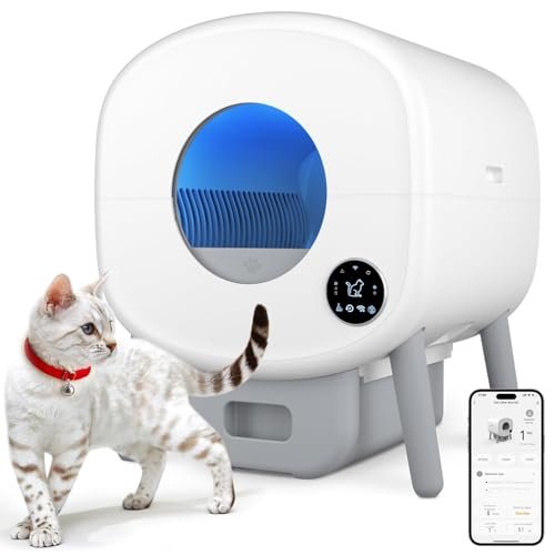 Cumrige Self Cleaning Litter Box, Large Capacity Automatic Cat Litter Box Self Cleaning for Cats, App Control,Safety Protection, 2 Roll Garbage Bags,White & Grey
