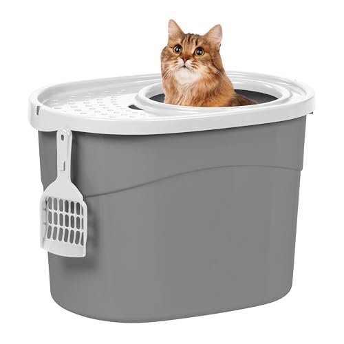 IRIS USA Top Entry Cat Litter Box, Large Enclosed with Litter Catching Lid and Scoop, Dog Proof, Cat Litter Box, Gray/White