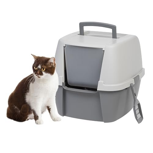 IRIS USA Cat Litter Box, Large Litter Box Enclosure with Front Door Flap and Scoop, Covered Kitty Litter Box with Handle and Buckles for Portability and Privacy, Gray