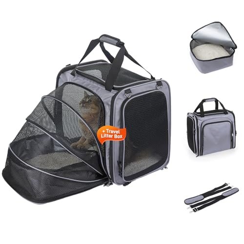 Cat Travel Carrier with Litter Box, Expandable Cat Carrier for Car Travel, Soft Sided Pet Carrier for Cats/Puppies up to 20lbs, Grey