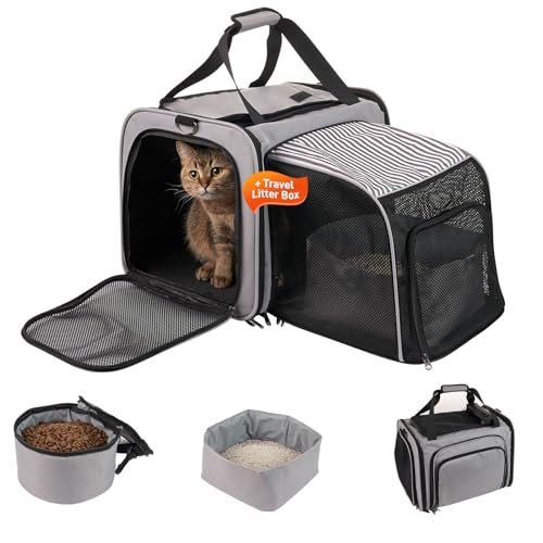 Cat Carrier with Litter Box, Collapsible Soft Sided Pet Carrier for Car Travel, Cat Travel Carrier with Locking Zippers, Expandable Cat Carrier with Food Bowl for Cats/Puppies up to 25 lbs, Grey