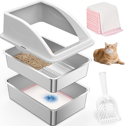 AIPERRO Stainless Steel Litter Box for Pine Pellet Cat Non Clumping Litter System | XXL Sifting Cat Box with Lid for Big Cats | High Sided, Anti-Urine Leakage | Non-Stick Bottom