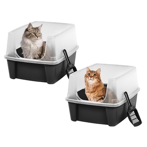 IRIS USA 2 Pack Large Open Top Cat Litter Box with High Sides, Scatter Shield & Scoop, Black, for Indoor Cats, Kittens or Multicat Homes