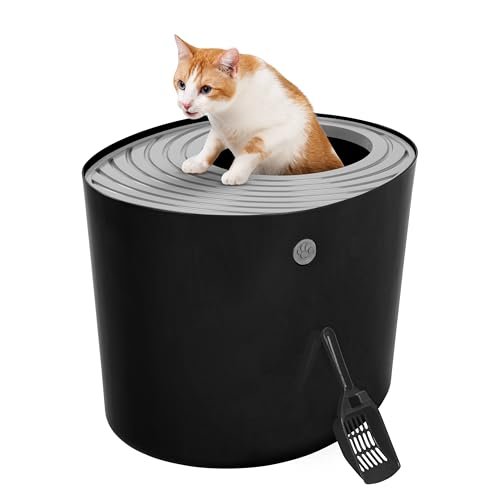 IRIS USA Cat Litter Box, Large Top Entry with Litter Catching Lid and Scoop, Dog Proof, Cat Box Enclosure, Black/Gray