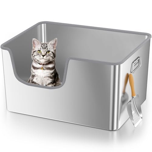 40L XXL Stainless Steel Litter Box with High Sides,No Sharp Edges for Big Cats Maine Coon,One-Piece Deep Stainless Steel Litter Boxes with Tall Sides,Anti-Leakage,Non-Sticky,Easy Clean(Front Entry)