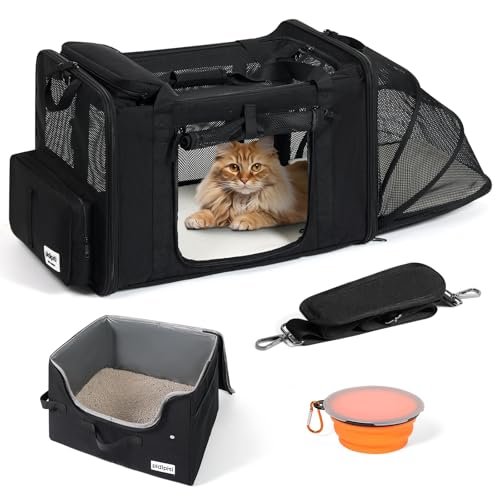 pidipiti 25''(L) x 17''(W) x 17''(H) Extra Large Expandable cat Carrier for car Travel,Soft Crate for 1 Large / 2 Medium Cats up to 35 lbs,Long Road Trip cage with a Leakproof Portable Litter Box