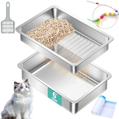 Amibud Stainless Steel Sifting Litter Box for Pine Pellets,Sifting Cat Litter Box for Wood Pellets,Large Sifter Litter Pan System with Litter Liners and Scoop-17.72'' L x13.78'' W x6''H
