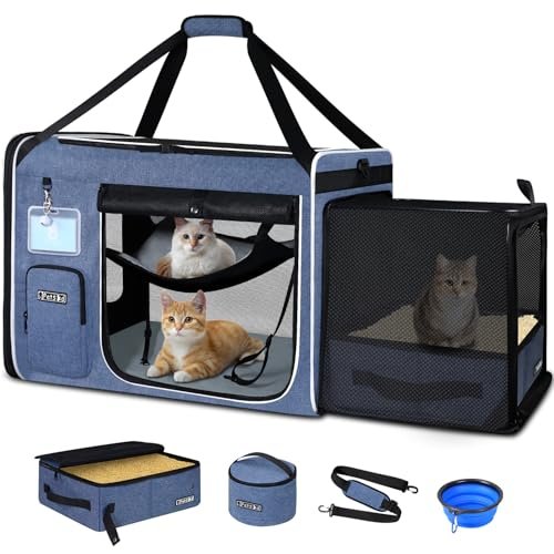 Petskd Side Expandable Extra Large Cat Carrier with Litter Box Area for Long Distance Car Travel,24