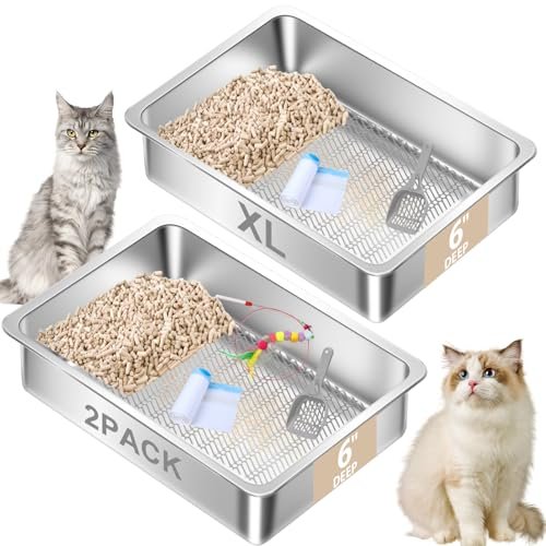 Amibud 2 Pack Stainless Steel Sifting Litter Box for Pine Pellets,Sifting Cat Litter Box for Wood Pellets,Extra Large Sifter Litter Pan System with Litte Liners and Scoop-20 ''Lx 13.8''W x 6''H