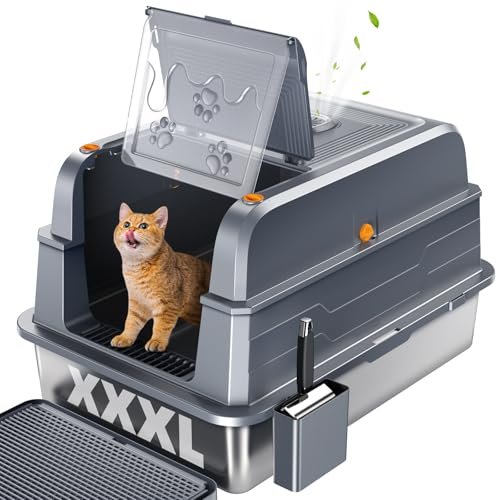 PetGenie 2025 XXXL Stainless Steel Cat Litter Box (152L) - Leak-Proof for High Pee Cats, 180° Flip Top Lid & 3-in-1 Modes, Fits Maine Coon/Multi-Cat Homes w/Metal Scoop & Charcoal Filter