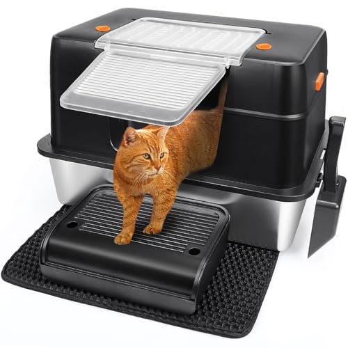 Vivifying Stainless Steel Litter Box, XL Side Entry Extra Large Litter Box with Lid for Big Cats & Kitty, Removable Enclosed Metal Cat Pan with High Sided Enclosure, Scoop, Mat, Footboard (Black)